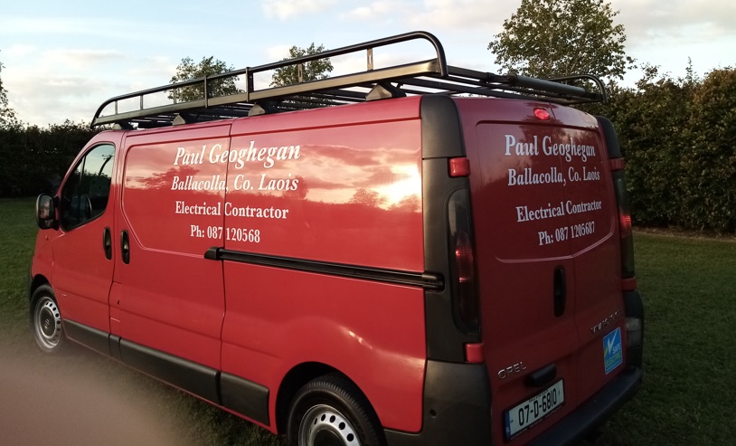 Paul Geoghegan’s red branded electrical contractor van, pictured in LaoisToday